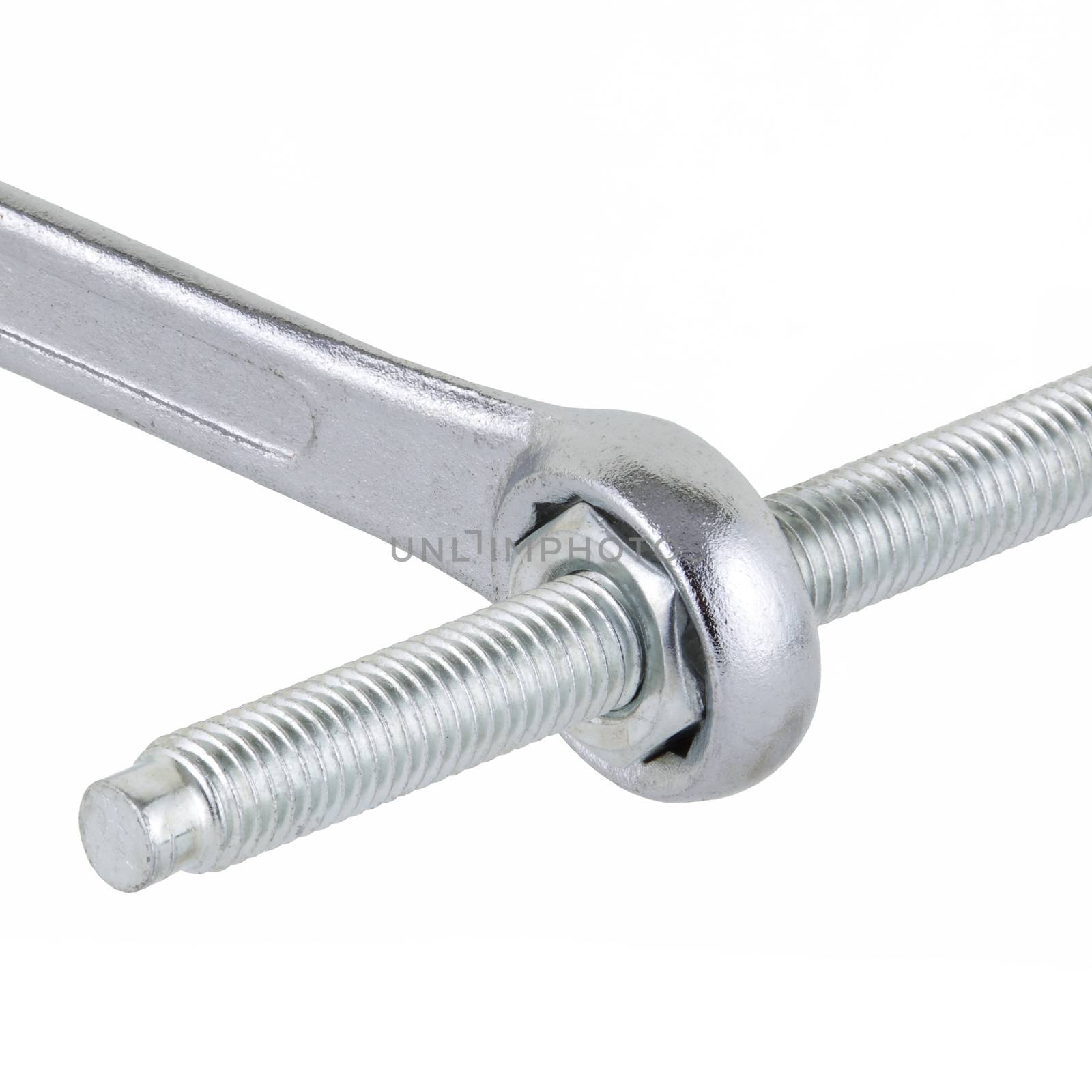 A ring spanner box end wrench with nut and bolt