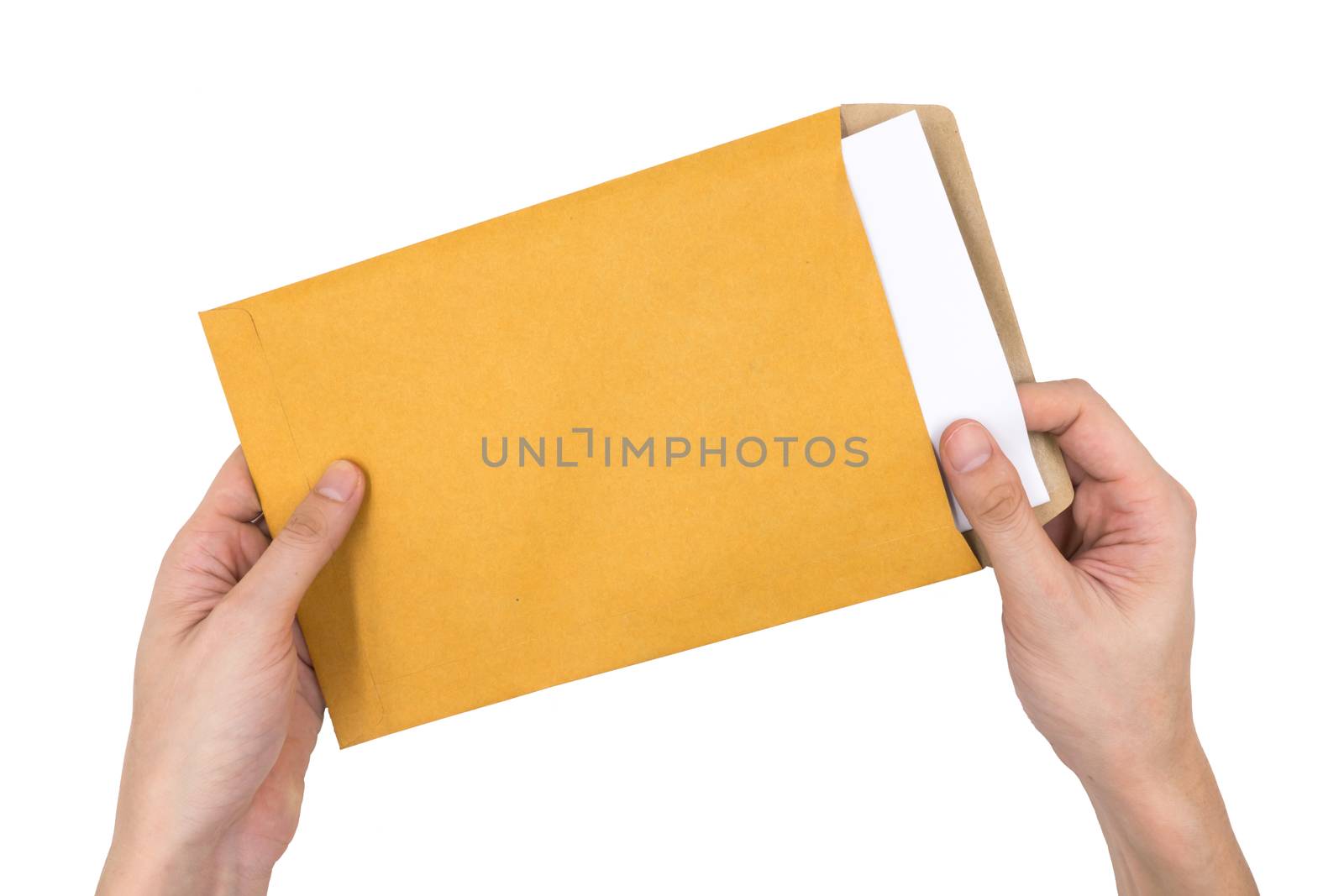 Hands holding envelope with document isolated on white background by ronnarong