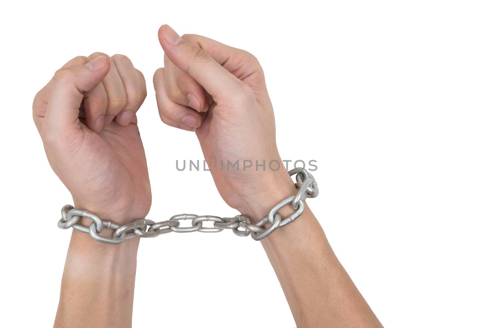 Male hands and chain isolated on white background