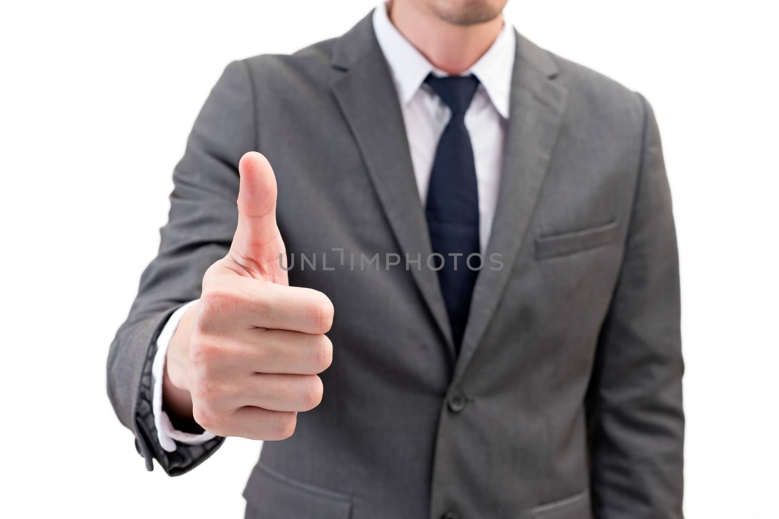 Businessman showing thumbs up isolated on white background.