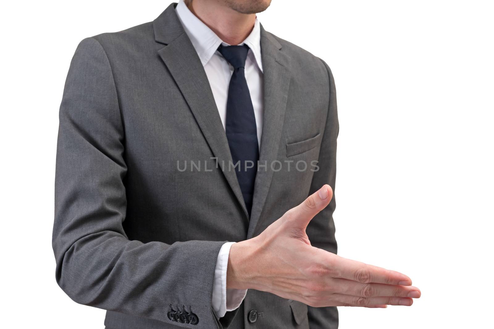 Businessman ready for handshake isolated on white background.