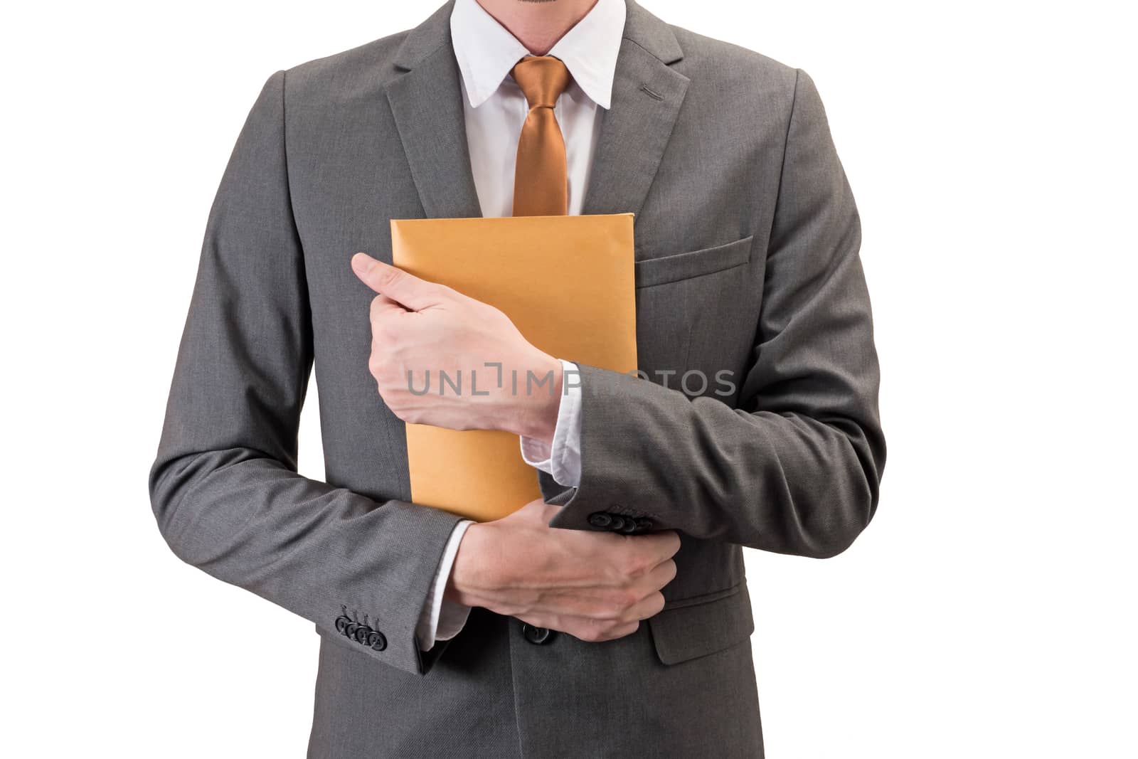 Businessman holding an envelope  isolated on white background.