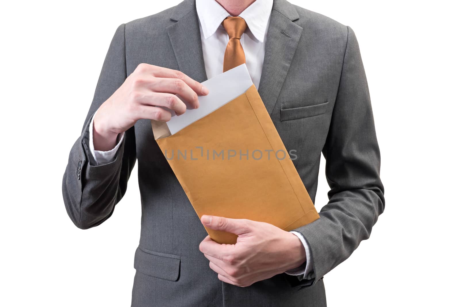 Businessman holding an envelope with blank sheet  isolated on white background.