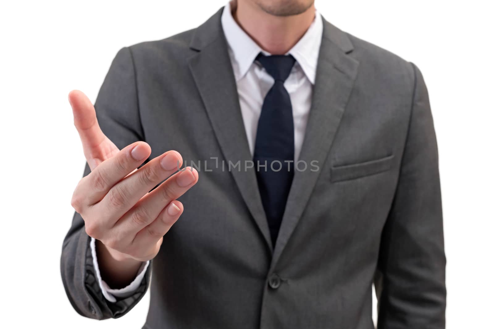 Businessman presenting with hand empty copy space isolated on white background.