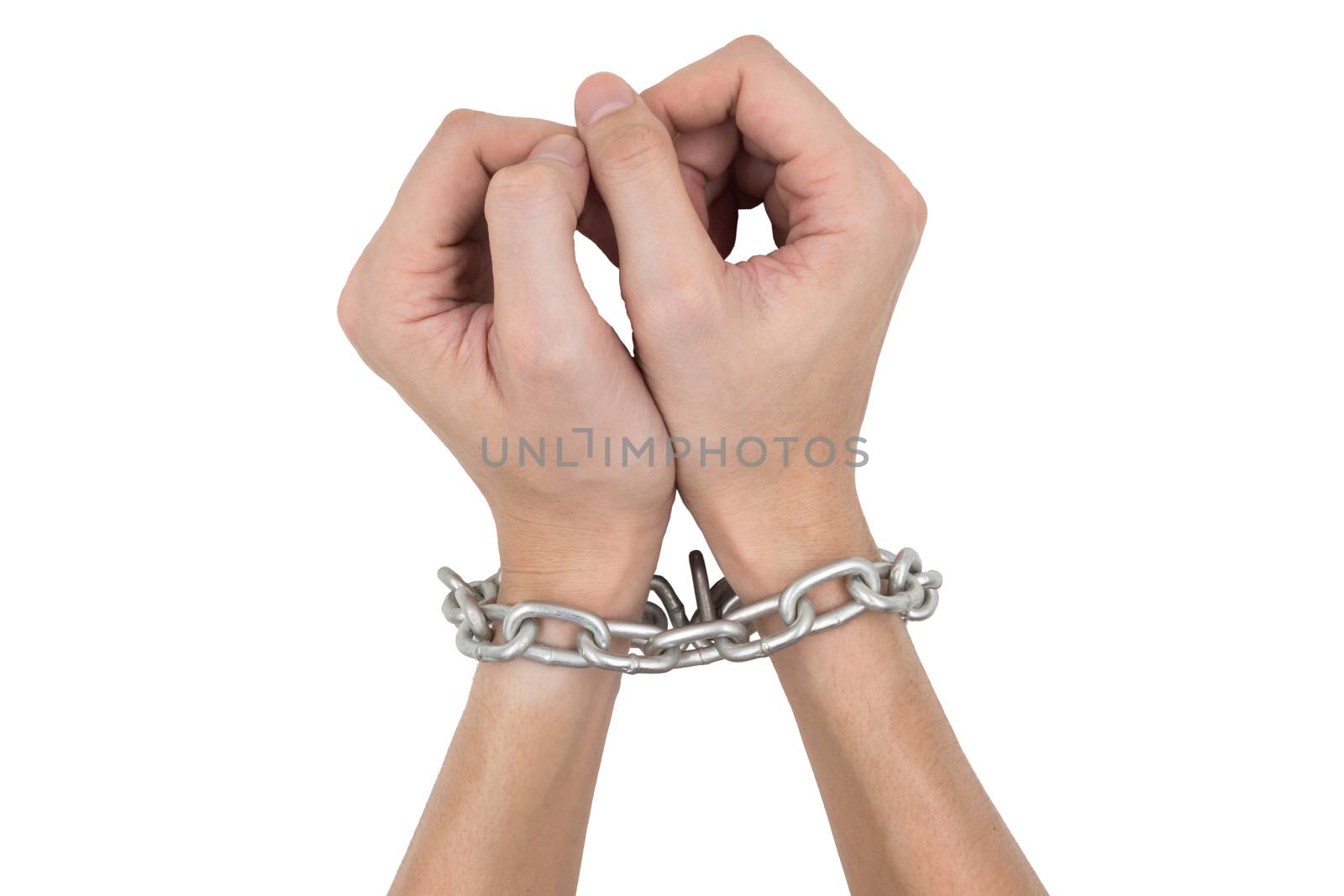 Male hands and chain isolated on white background