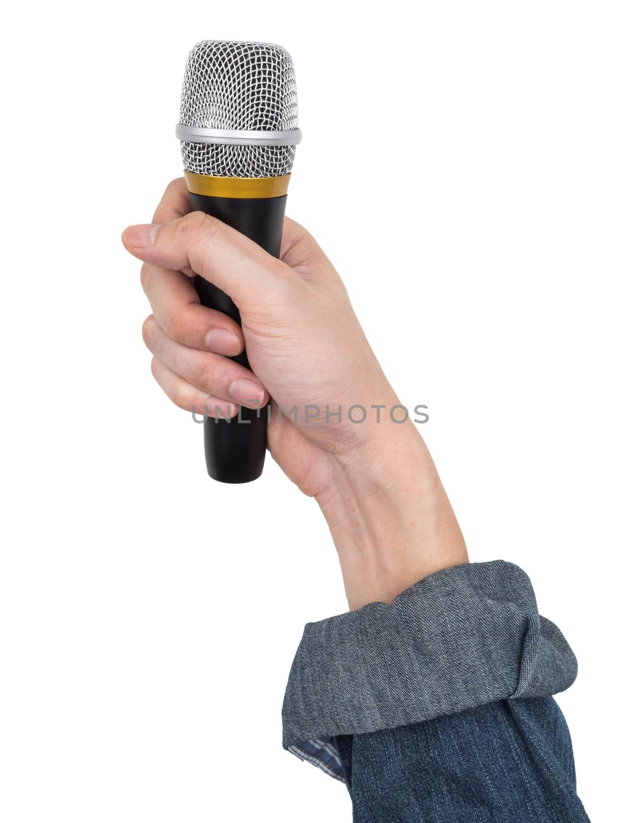 Male hand holding microphone on white background.