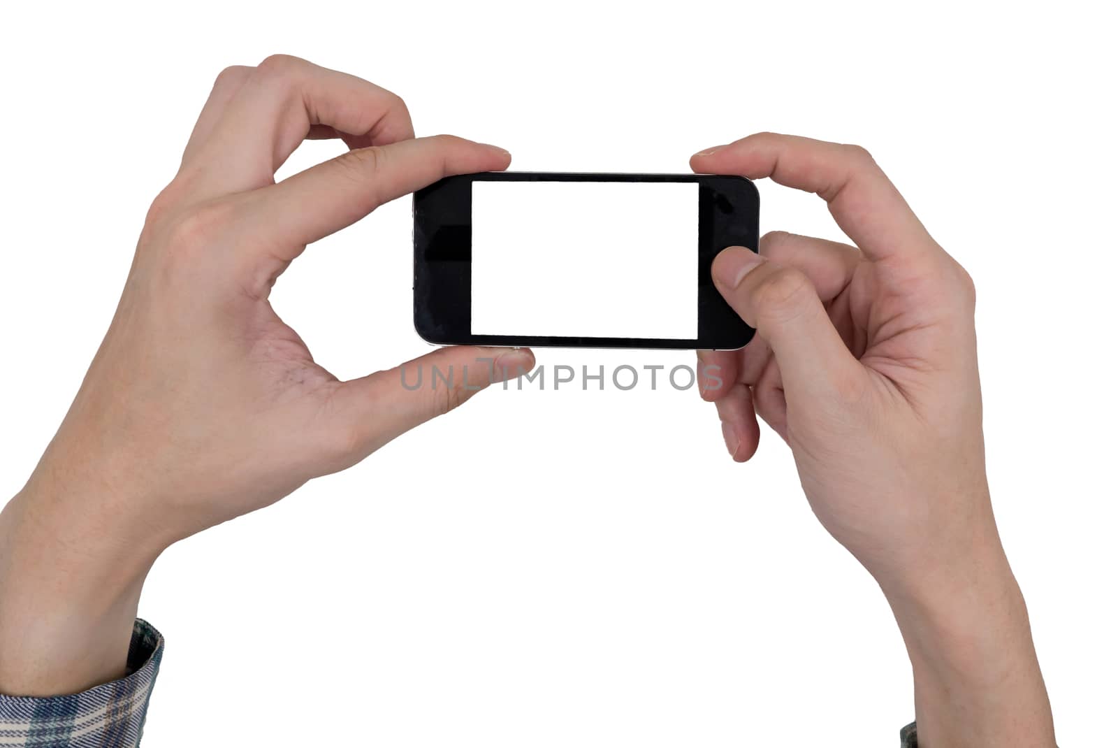 Male hands holding a mobile phone with touch blank white screen on white background.