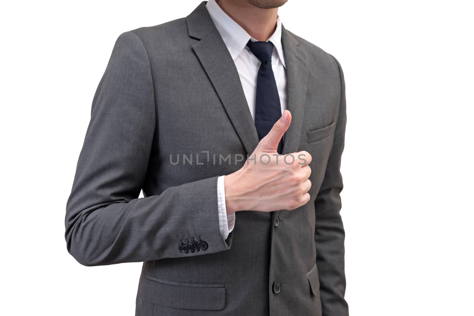 Businessman showing thumbs up isolated on white background.