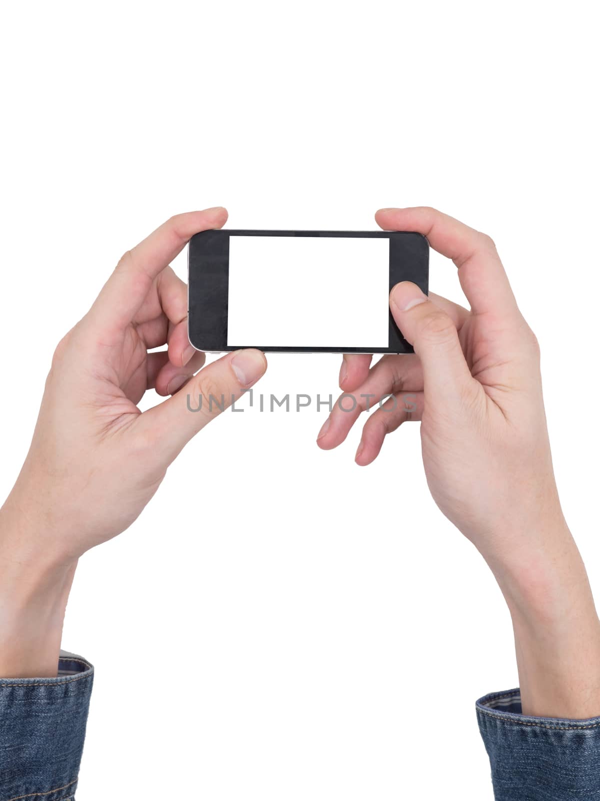 Male hands holding a mobile phone with touch blank white screen on white background by ronnarong