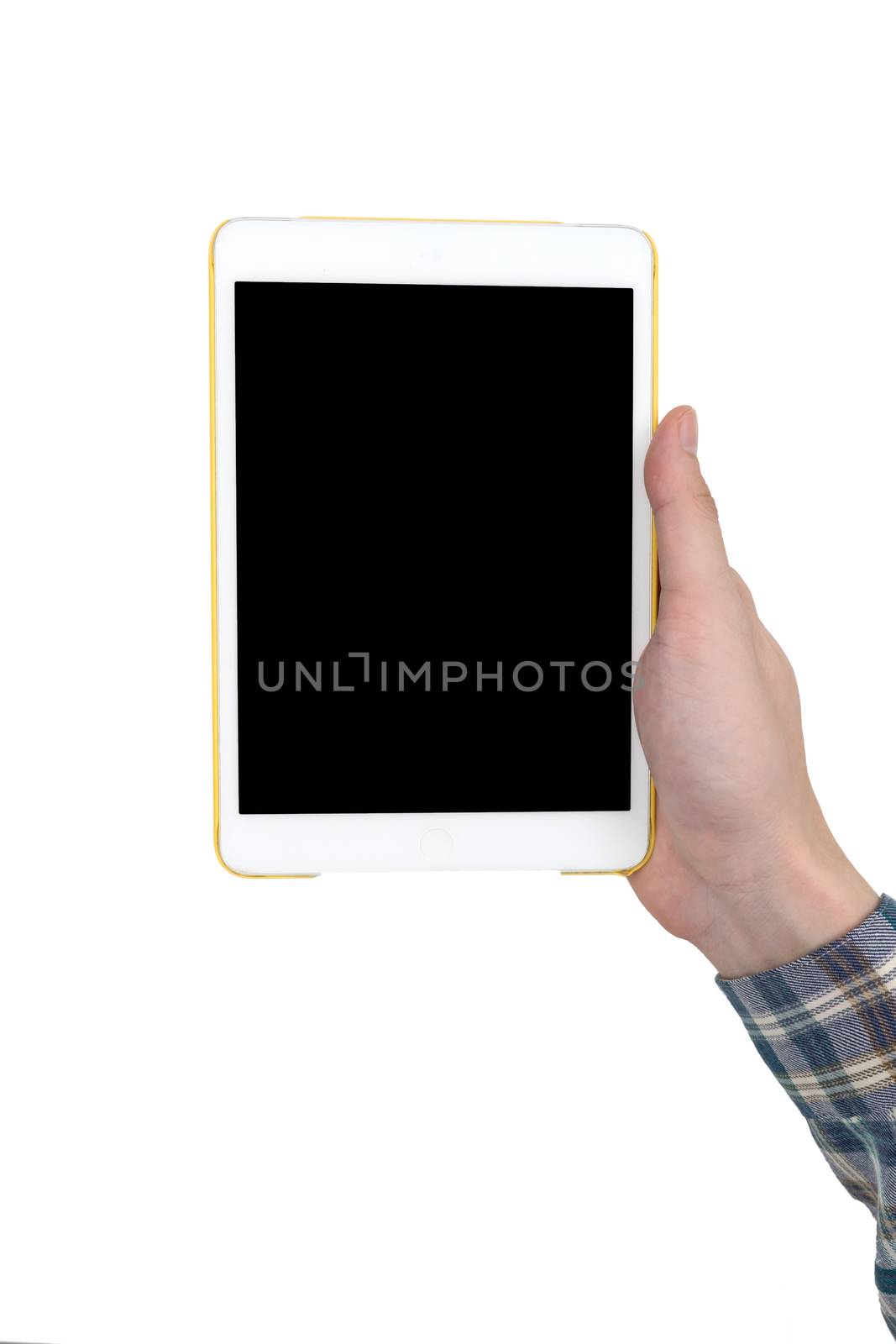 Male hand holding a white tablet touch computer gadget with touch blank black screen isolated on white background.