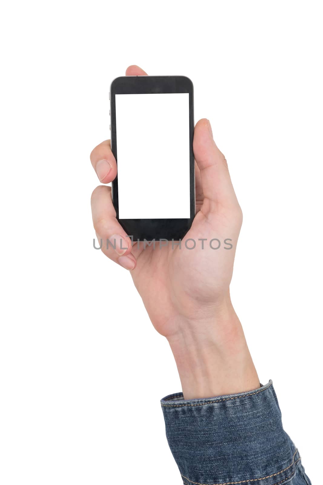 Male hand holding a mobile phone with touch blank white screen on white background.