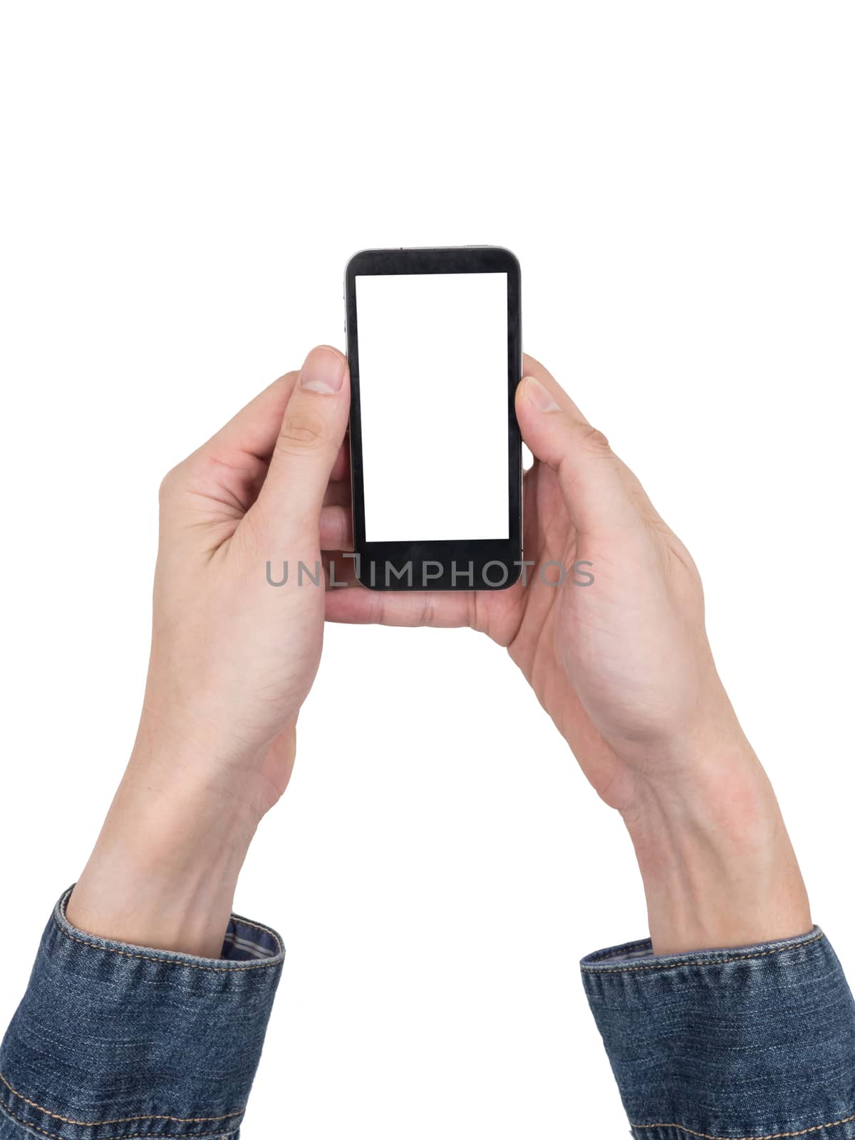 Male hands holding a mobile phone with touch blank white screen on white background.