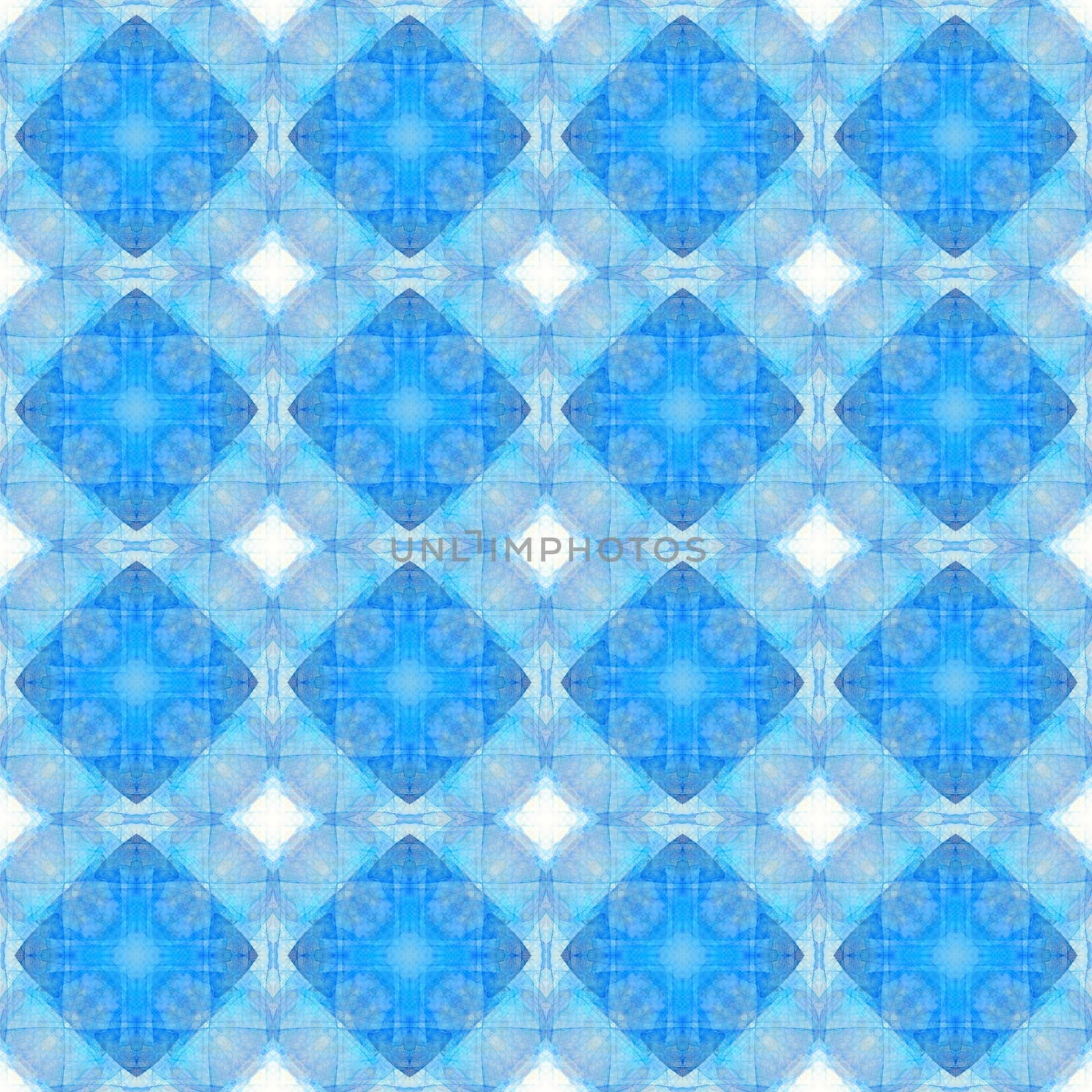 A seamless pattern of complex tiles in various shades of blue with squares and crosses

