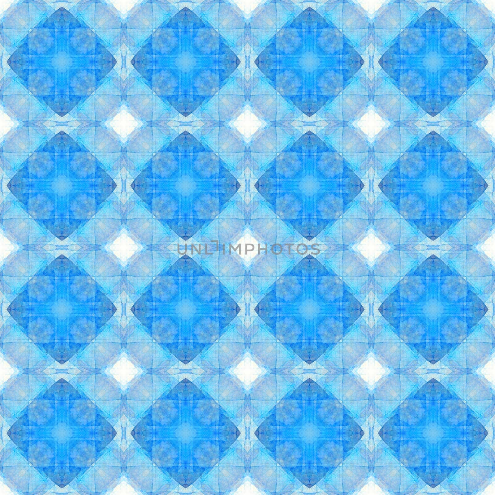 A seamless pattern of complex tiles in various shades of blue with squares and crosses

