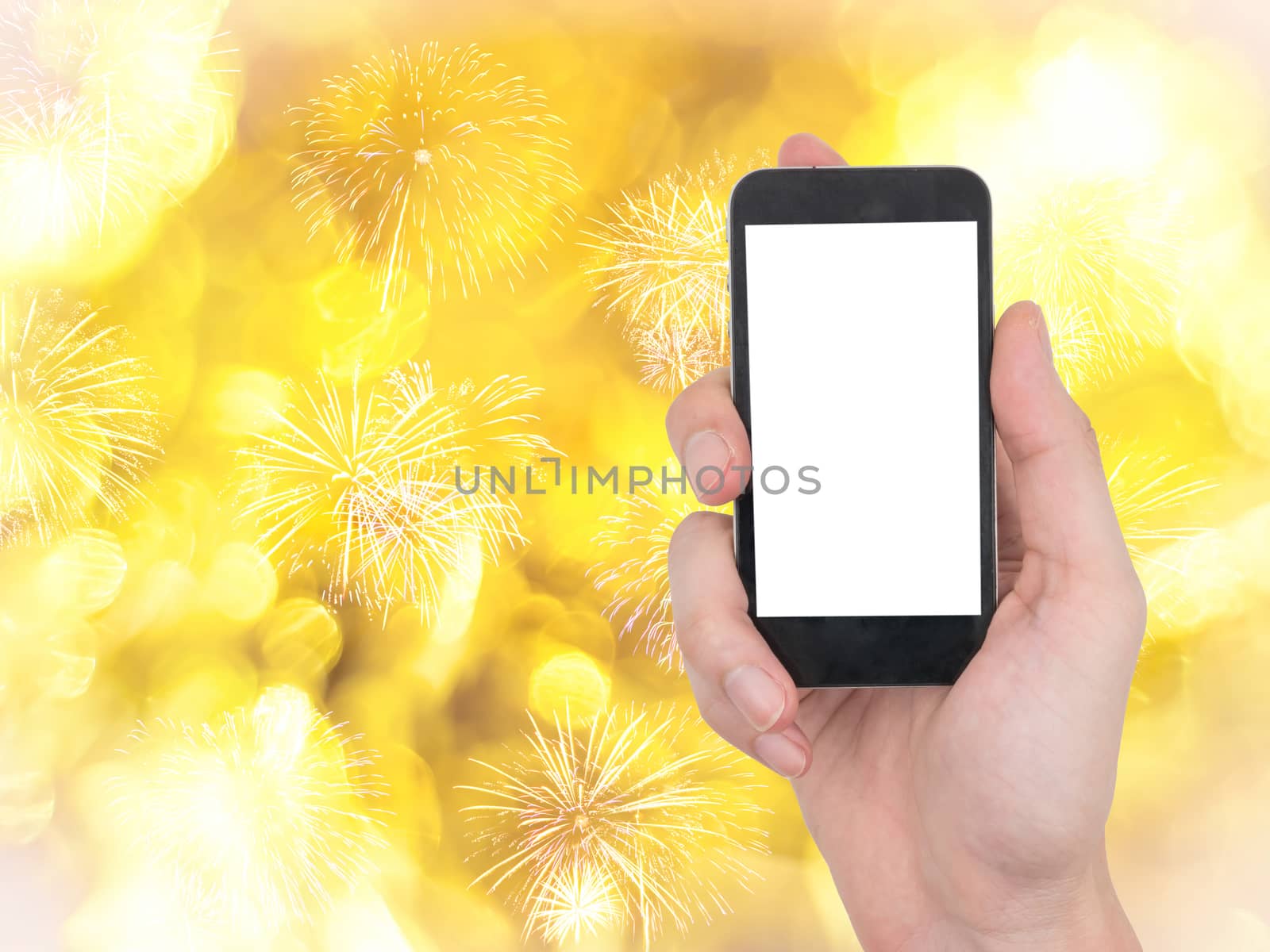 Male hand holding a mobile phone with touch blank white screen on bokeh lights and sparkle background.