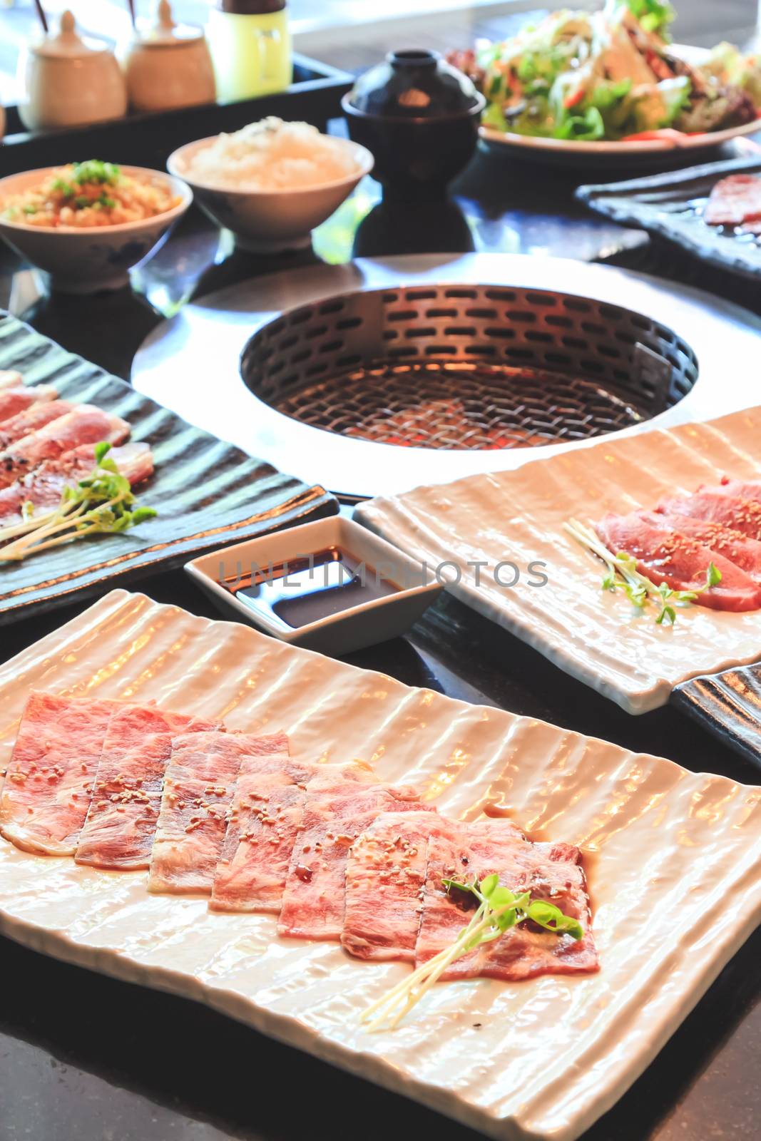 Beef slice for barbecue, Japanese food , Yakiniku by ronnarong