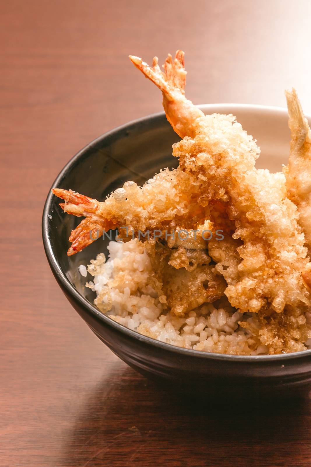 Tempura with rice in a bowl, Japanese food by ronnarong