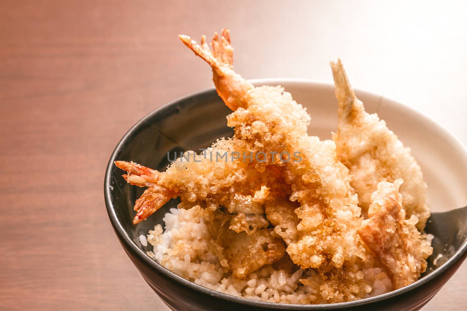 Tempura with rice in a bowl, Japanese food