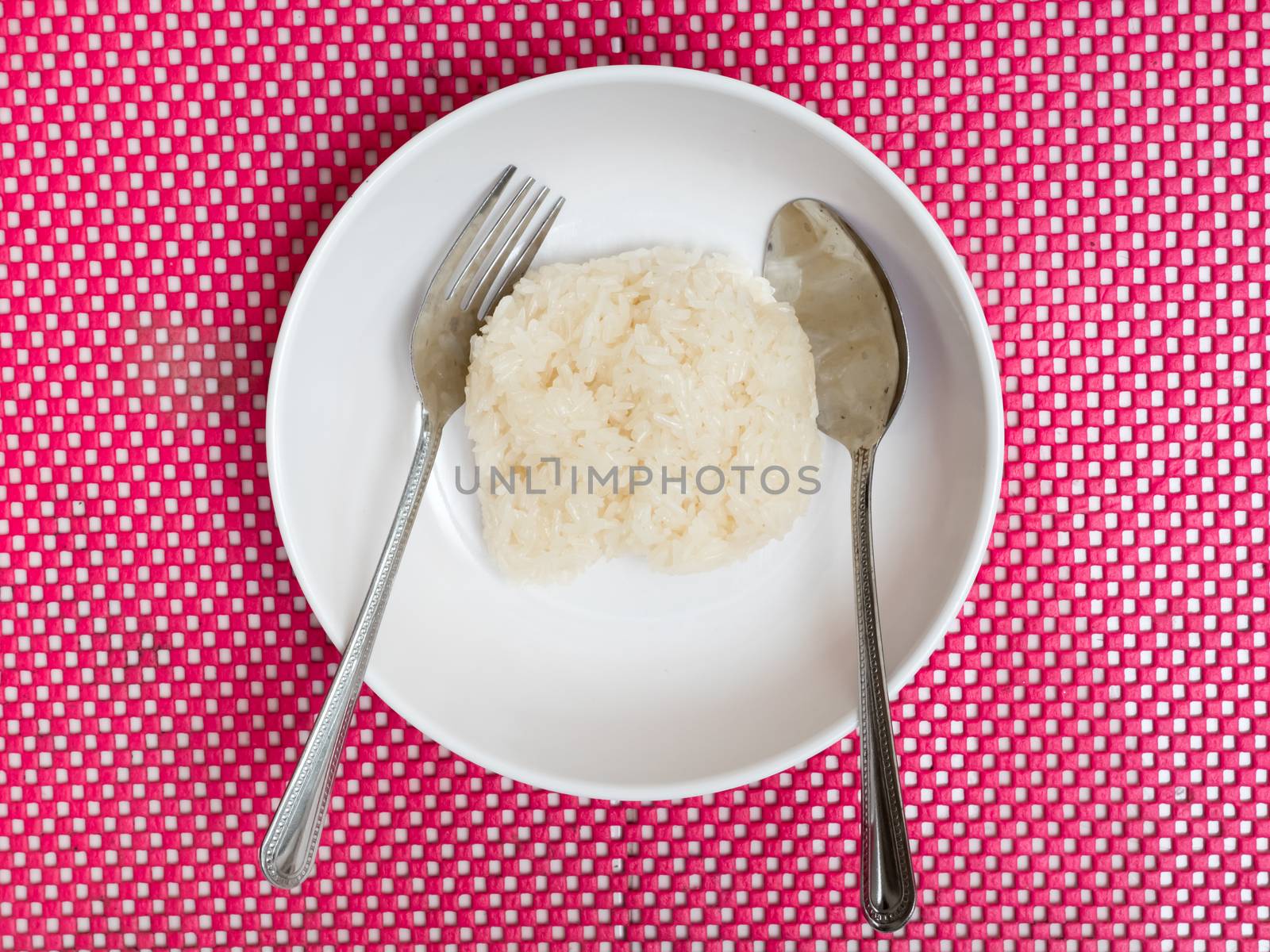 Top view of Sticky rice on dish,Thai local food