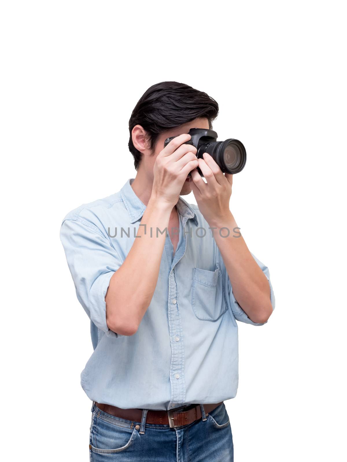 Young Asian man with camera isolated on white background. Photographer concept