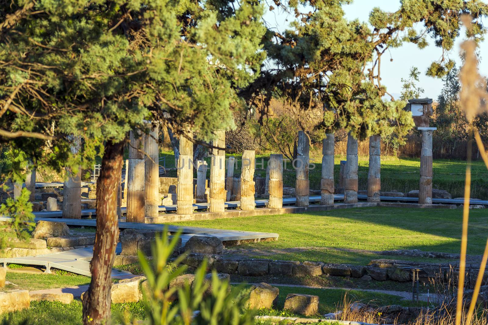 Temple of Artemis in archaeological site of Brauron, Attica, Greece. Afternoon time.