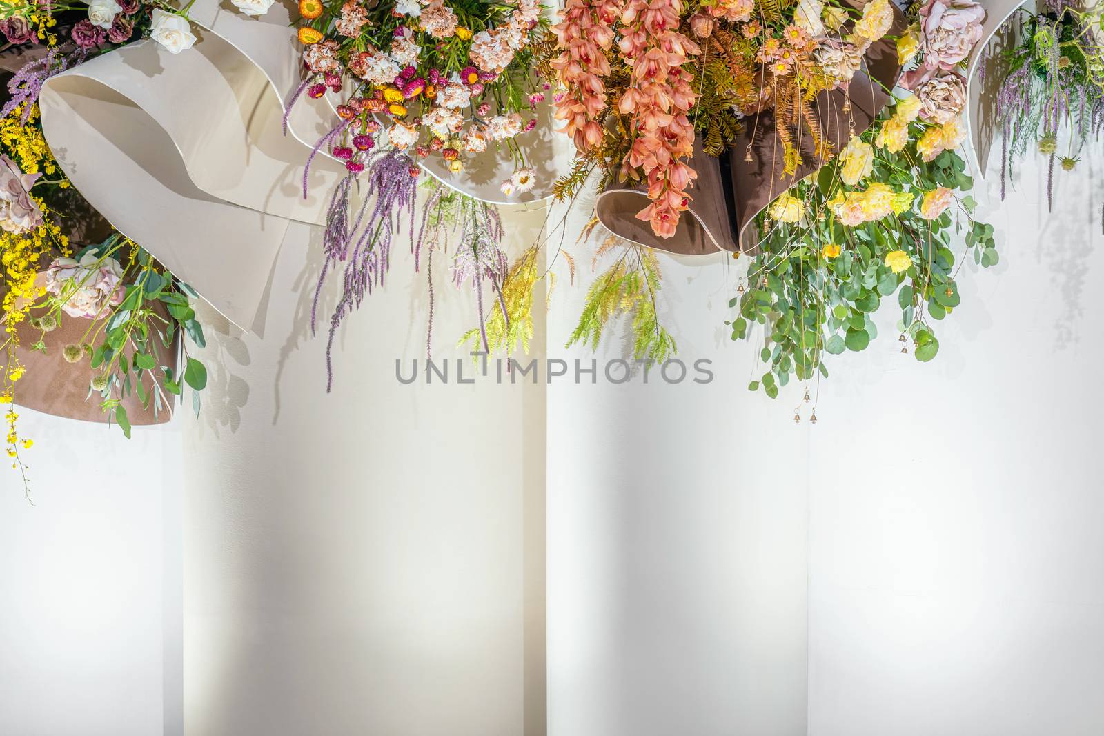 Awesome Wedding floral backdrops in marriage ceremony,Lover and Valentine, colorful and happiness,flower mockup display on the stage, organizer and designer for service groom and bride,wedding concept