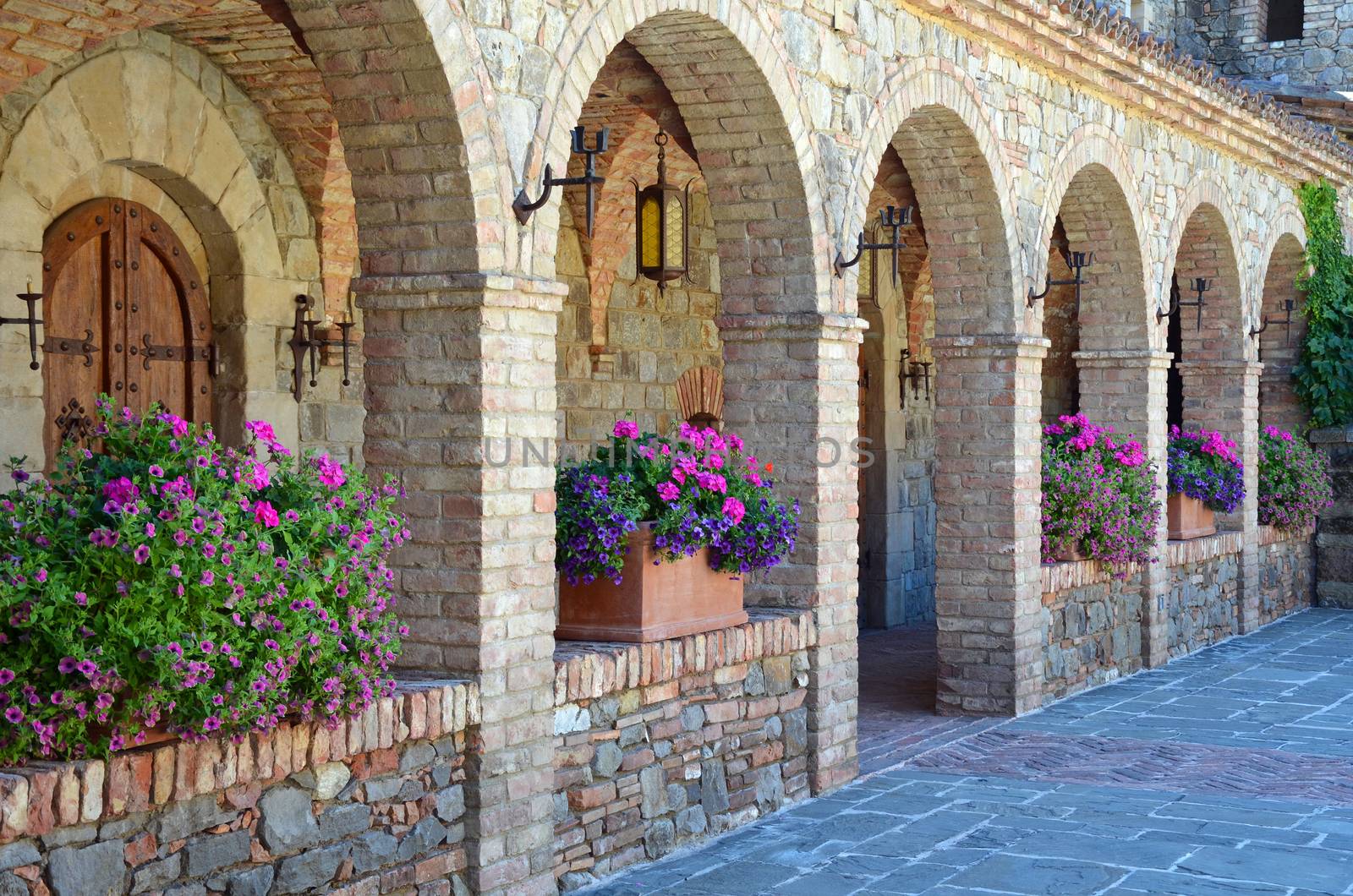Archways courtyard with petunia planters