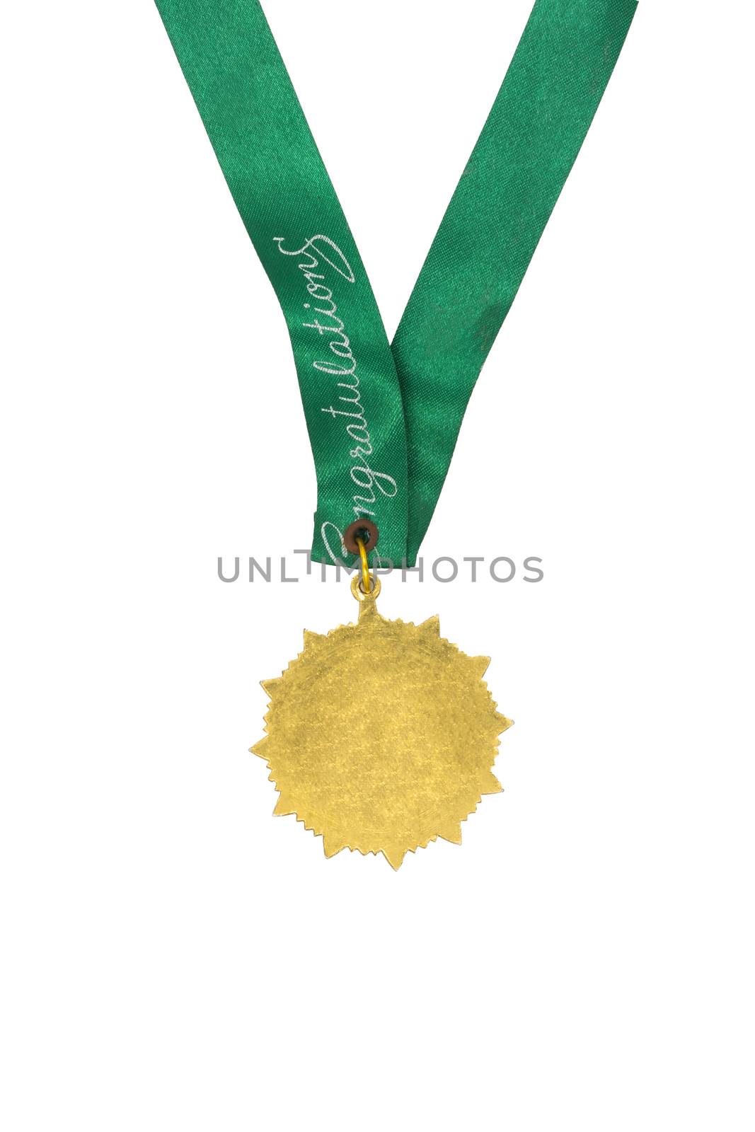 Gold medal with green ribbon on white background by ronnarong