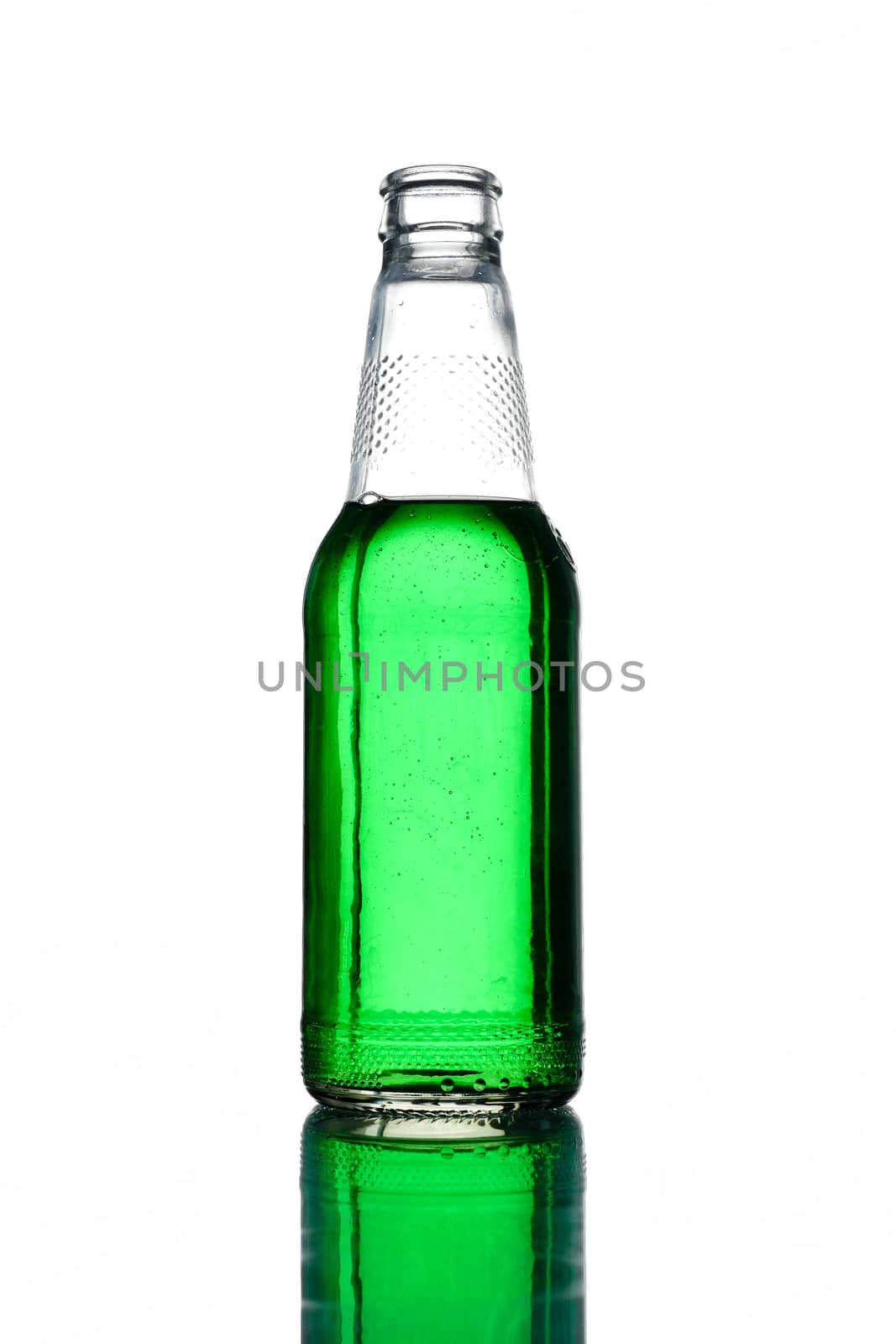 Bottle of green liquid isolated on white background