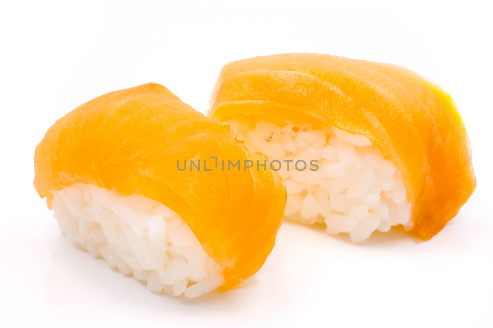 Sushi, japanese food, rice with salmon on white background.