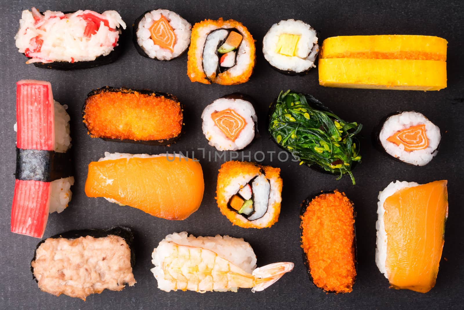 Top view of Sushi set on black background, Japanese food.