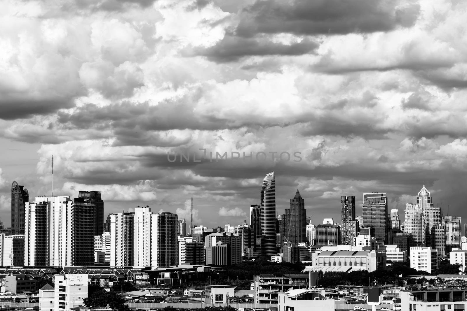 Modern building in business district at Bangkok city, Thailand. Black and White tone