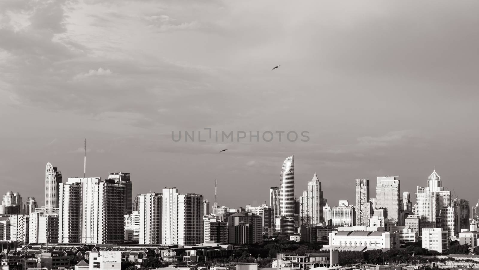 Modern building in business district at Bangkok city, Thailand. Black and White tone