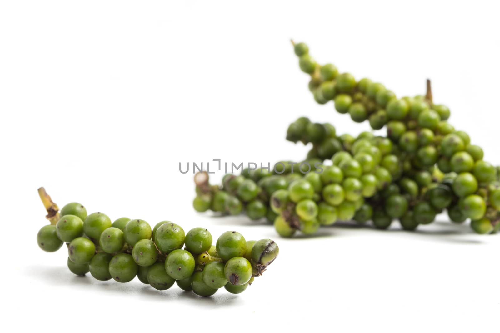 Green peppercorns on white background.