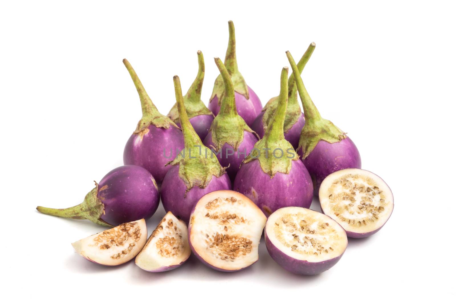 Fresh Purple eggplants on white background.