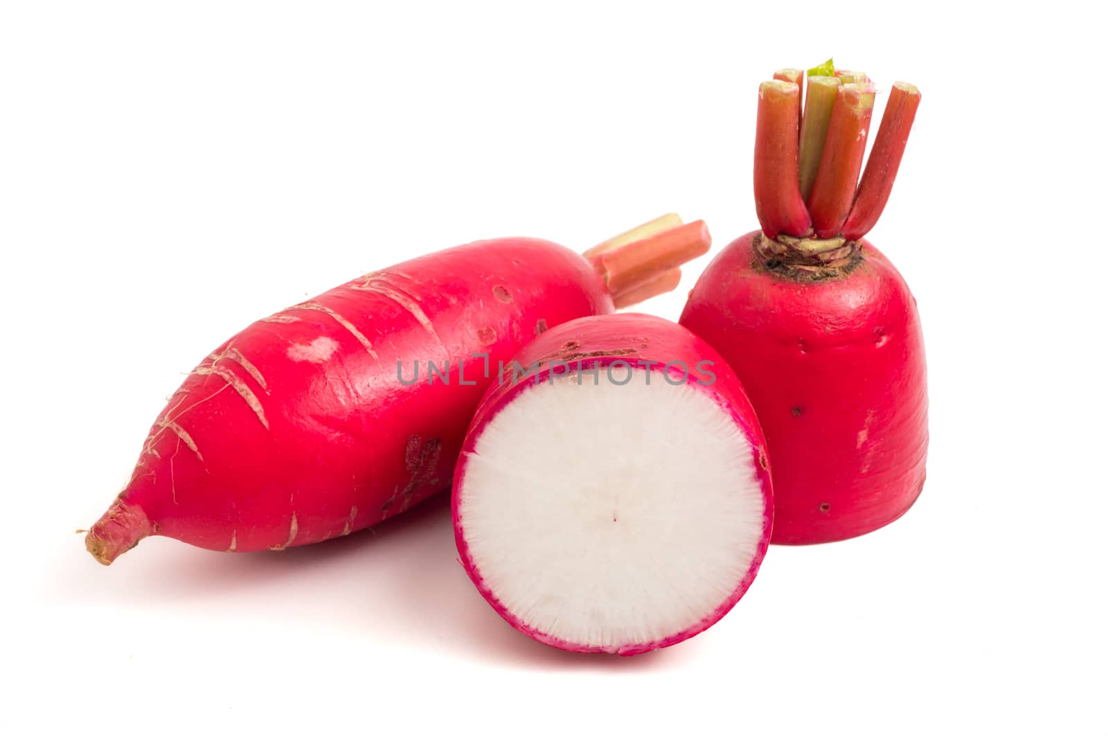 Fresh Pink Radishes on white background.