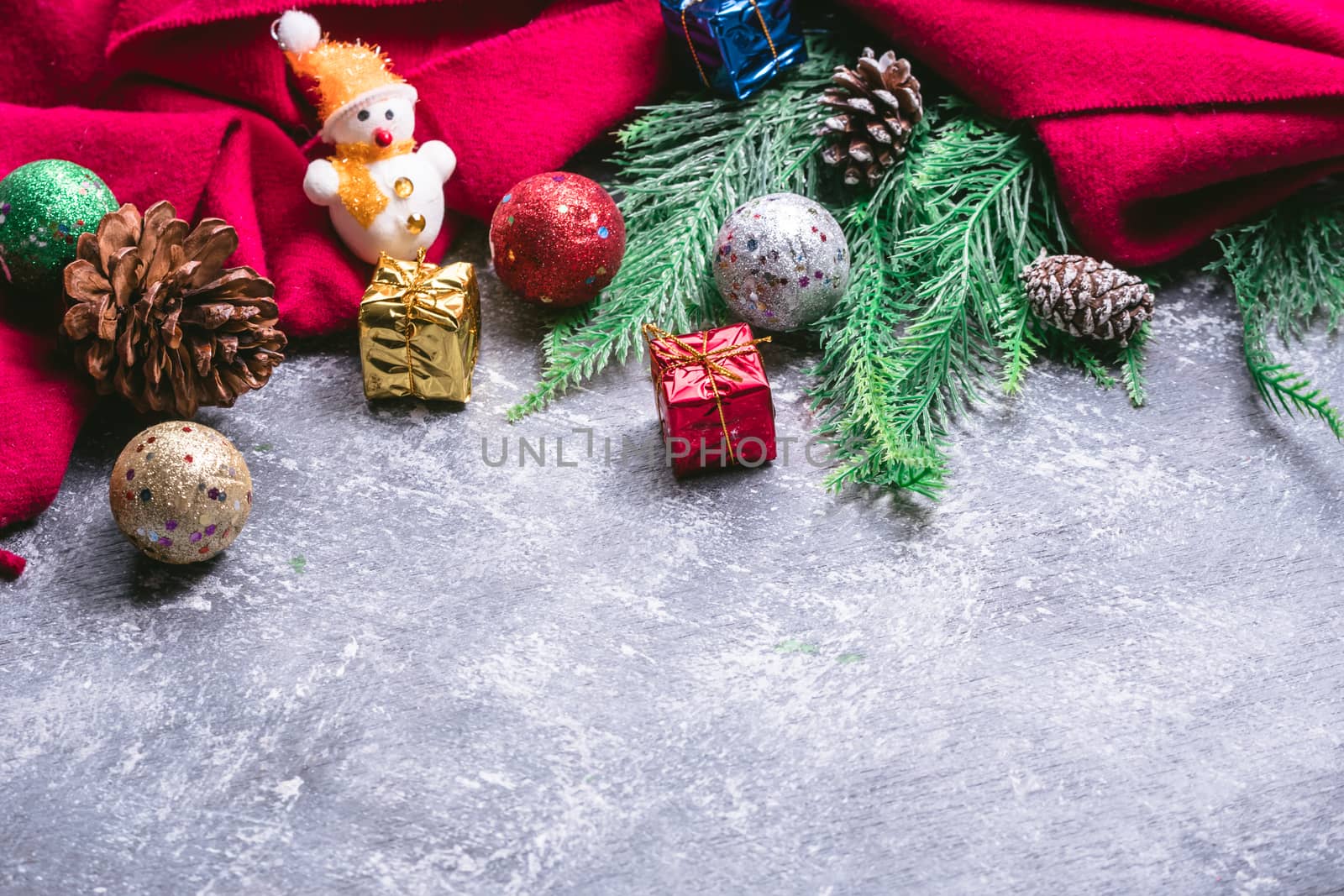 Top view of christmas decoration on gray grunge backgrond. Free space for text