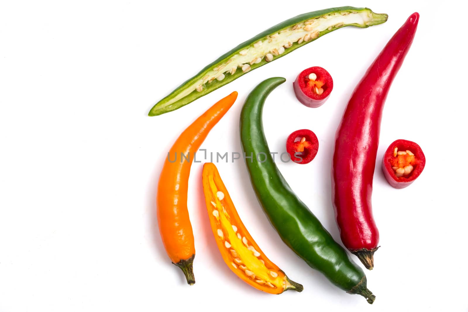 Colorful mix of chili pappers on white background.