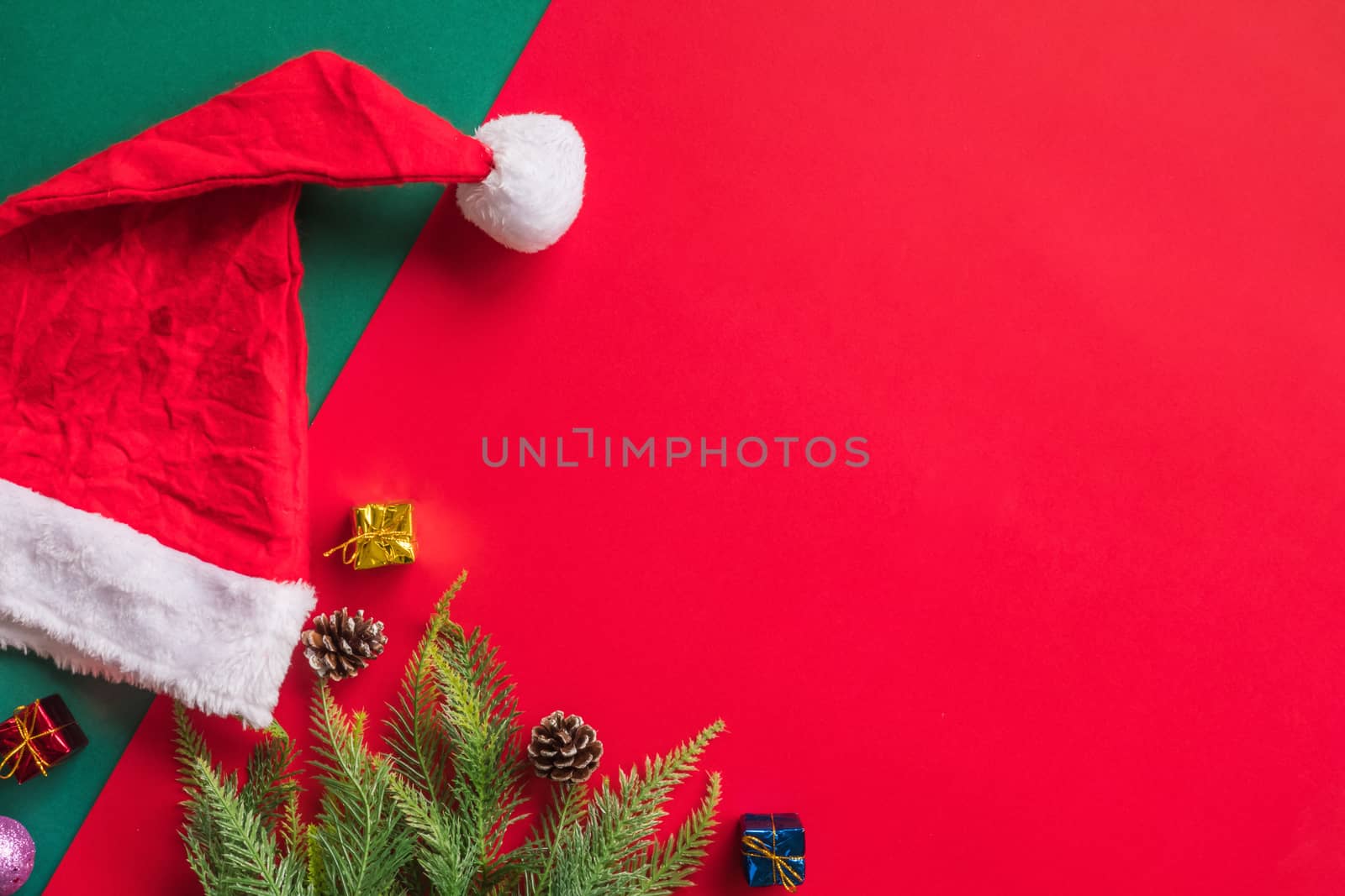 Top view of christmas decoration on colorful background. Free space for text by ronnarong
