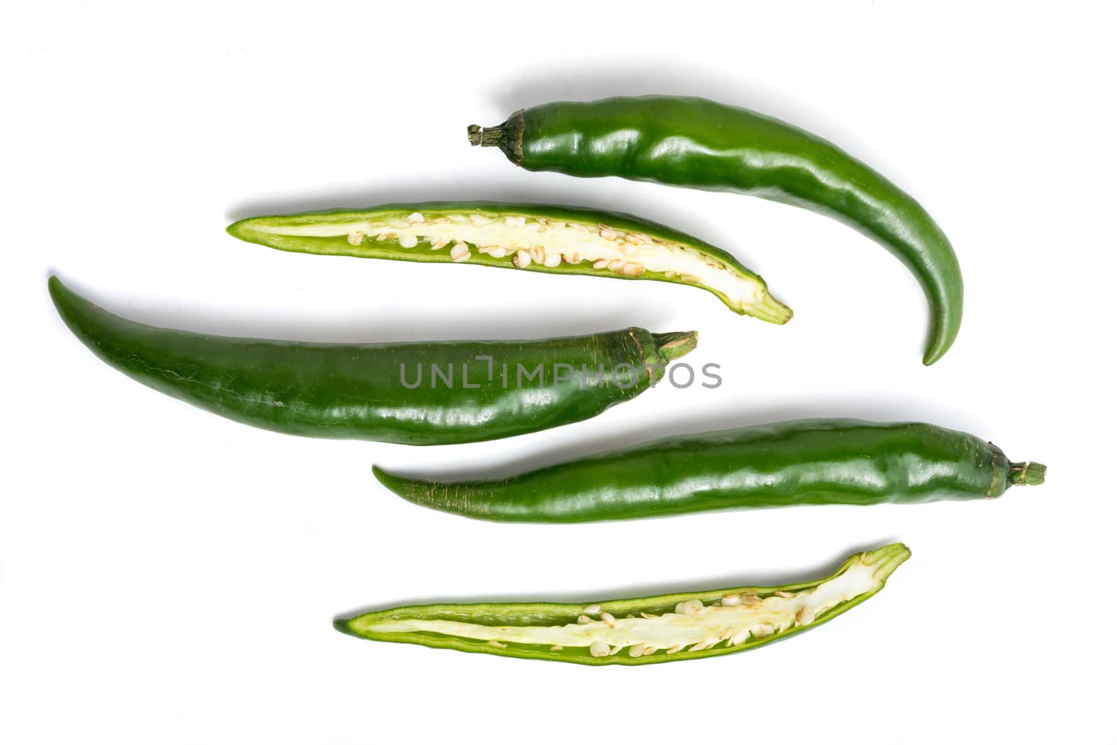 Fresh Green chili papper on white background.