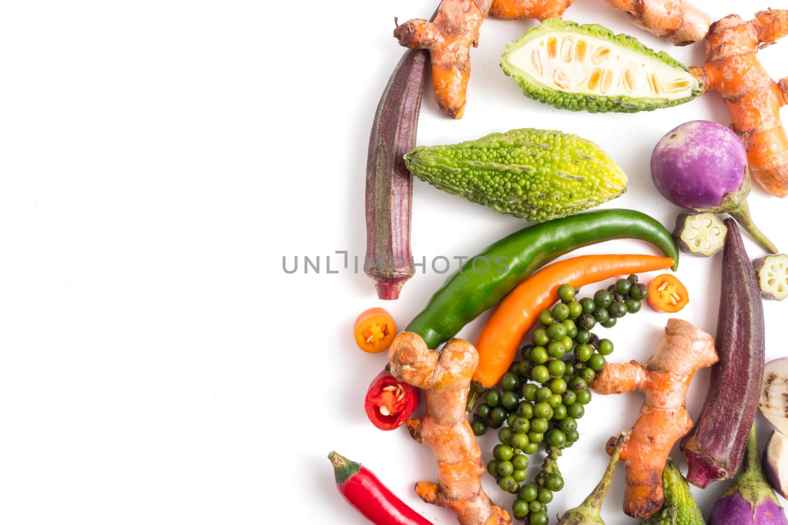 Group of fresh vegetables and herbs on white background. Free space for text
