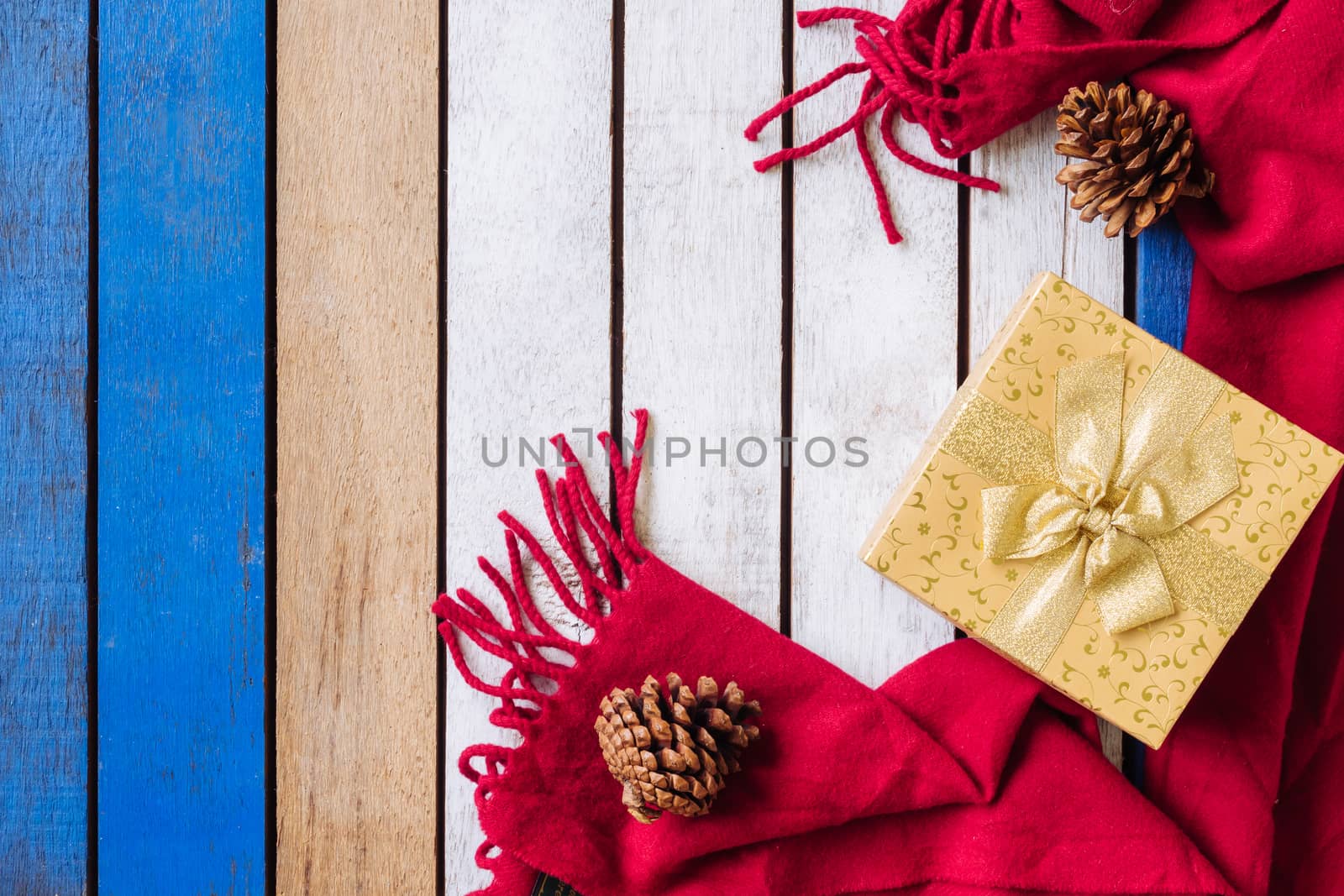 Top view of Christmas decoration on wooden table. Free space for text
