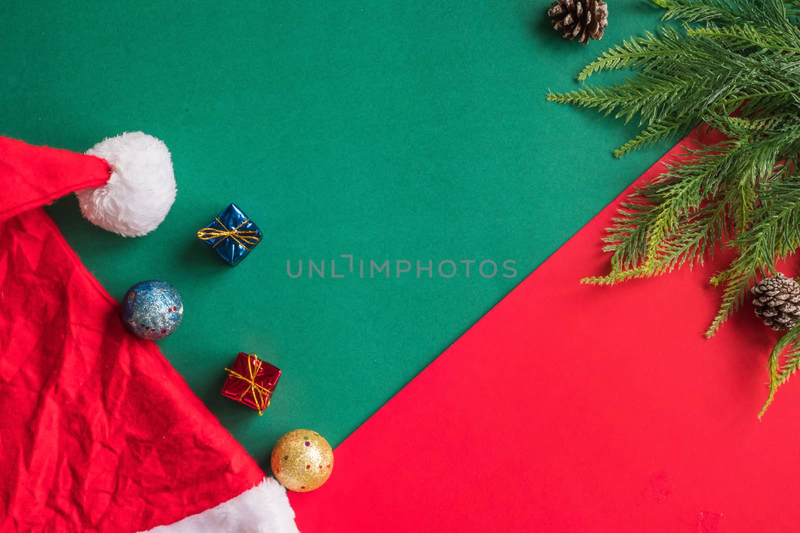 Top view of christmas decoration on colorful background. Free space for text
