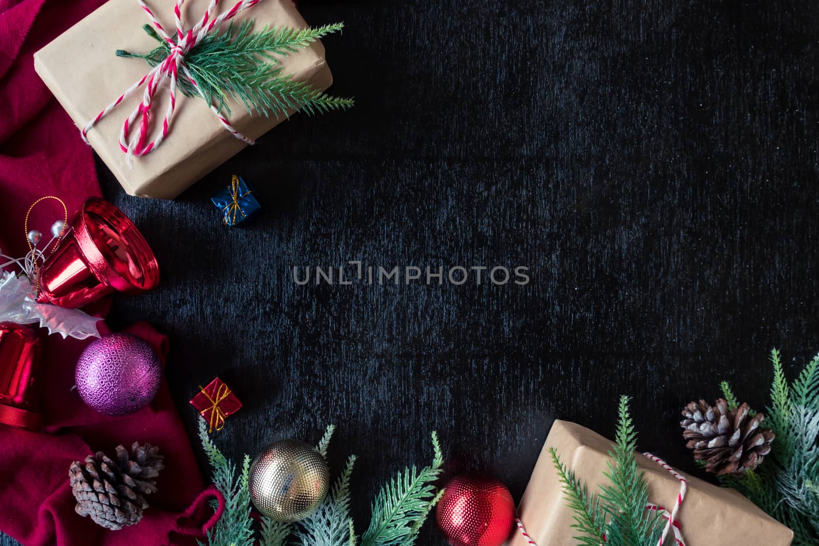 Top view of Christmas decorations on black background. Free space for text by ronnarong