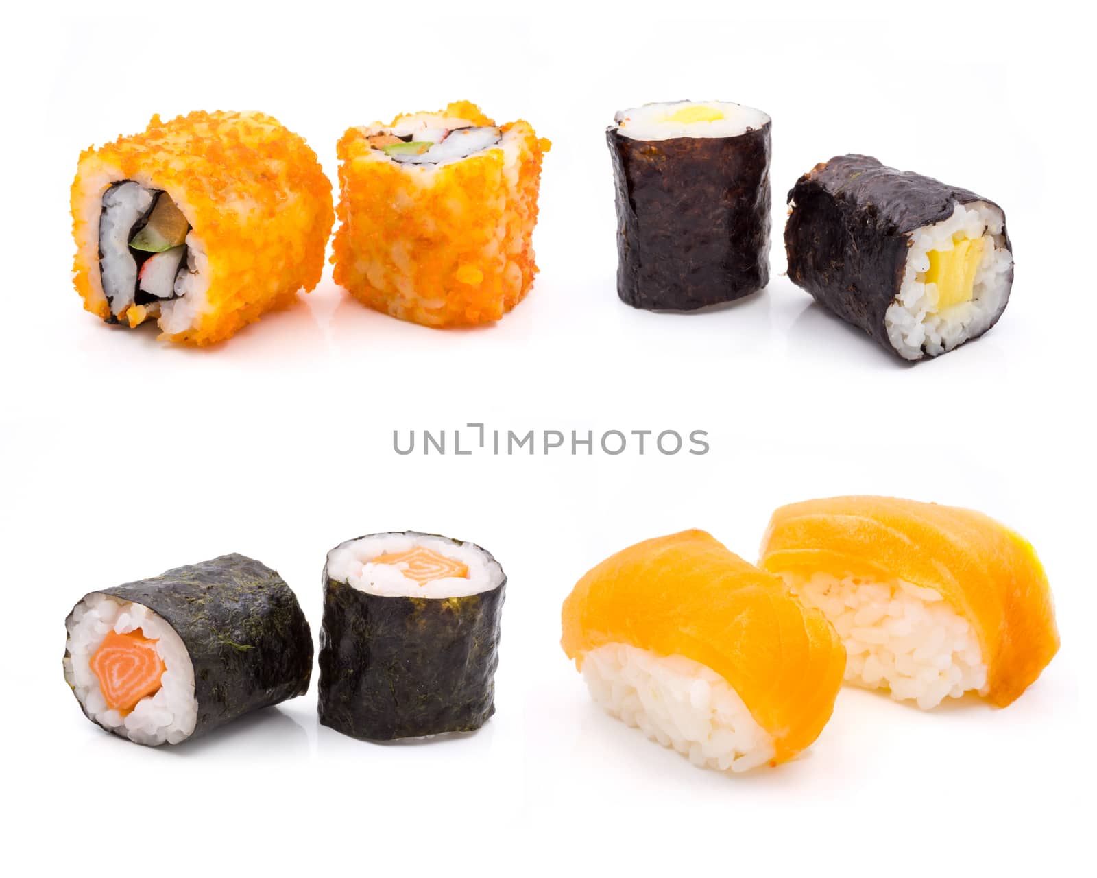 Sushi set on white background, Japanese food. by ronnarong