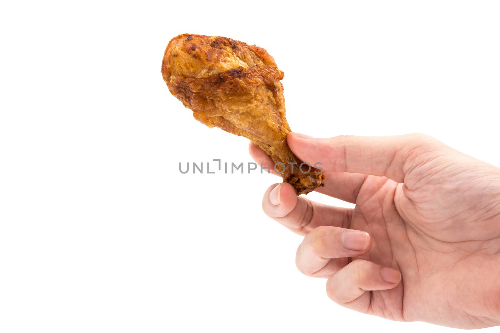 Hand holding Fried chicken leg on a white background.