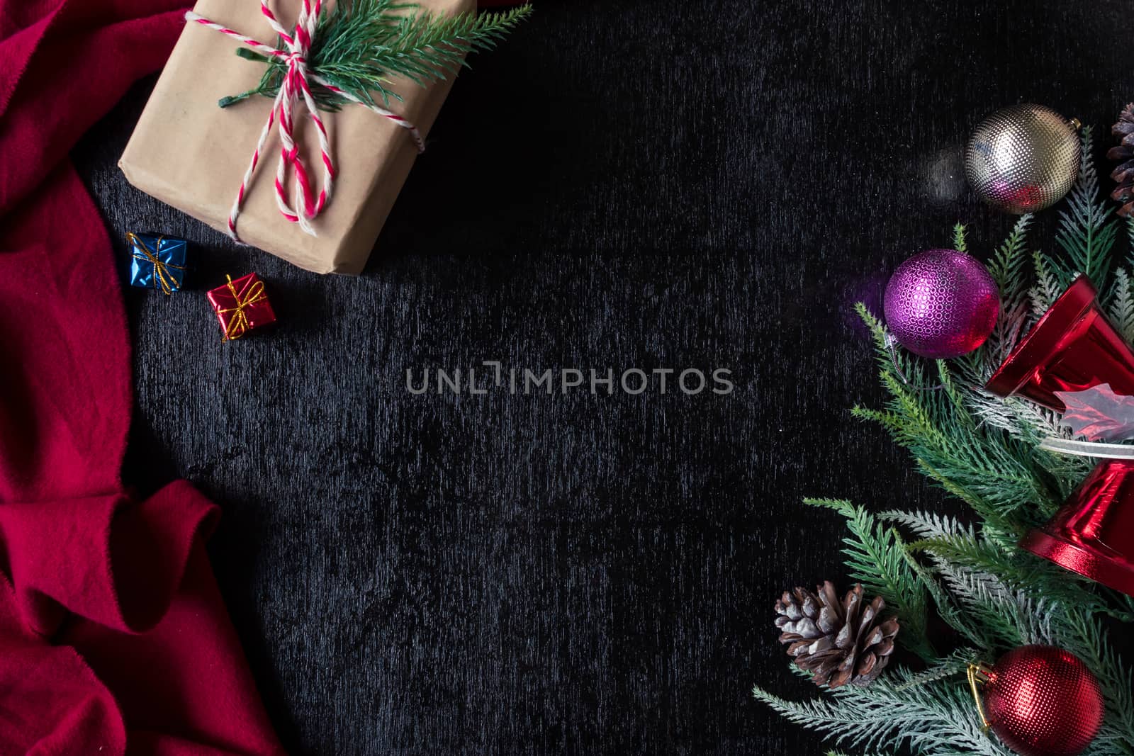 Top view of Christmas decorations on black background. Free spac by ronnarong