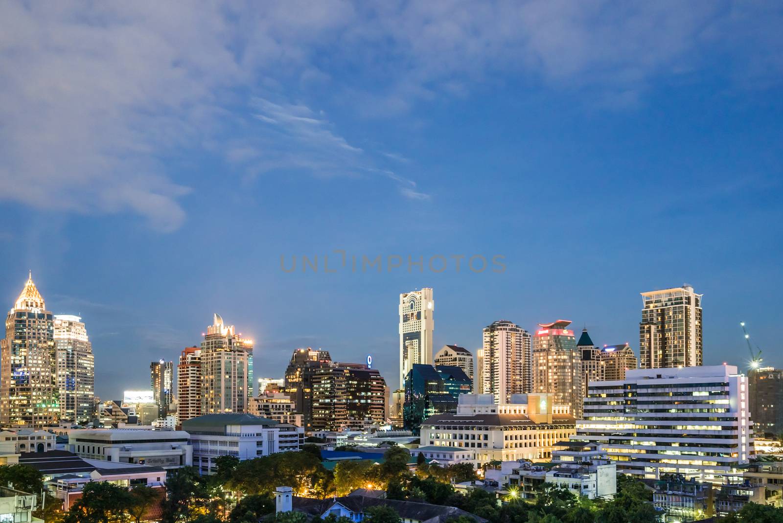 business area with high building at night, Bangkok, Thailand  by ronnarong