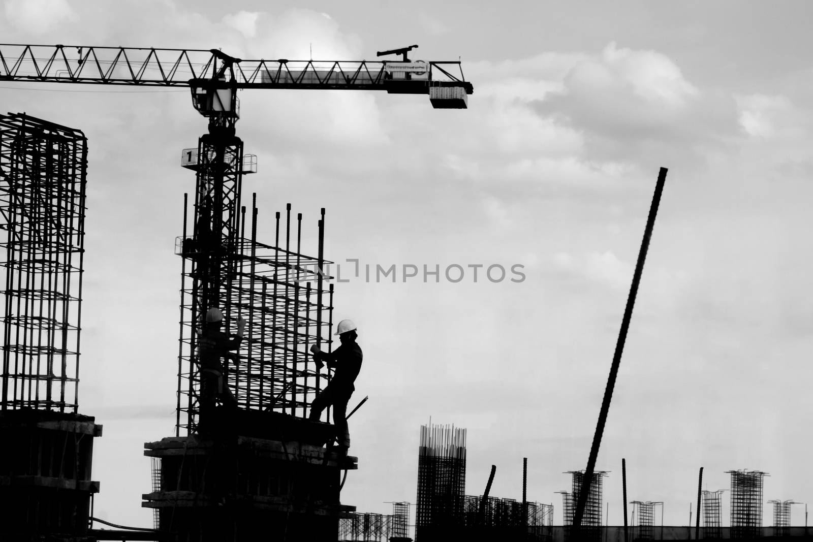 The building construction site silhouettes.