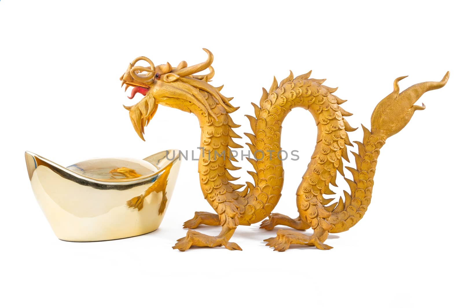 Chinese gold ingot and GoldenDragon isolated on white background